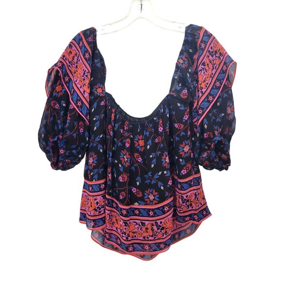 Joie Tops - Joie Black Floral Cropped Silk Boho Peasant Blouse Top With Puff Sleeves Size M